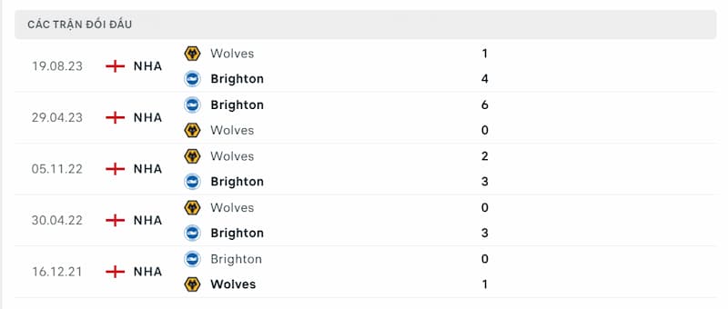Lịch sử đối đầu giữa 2 đội Brighton vs Wolves